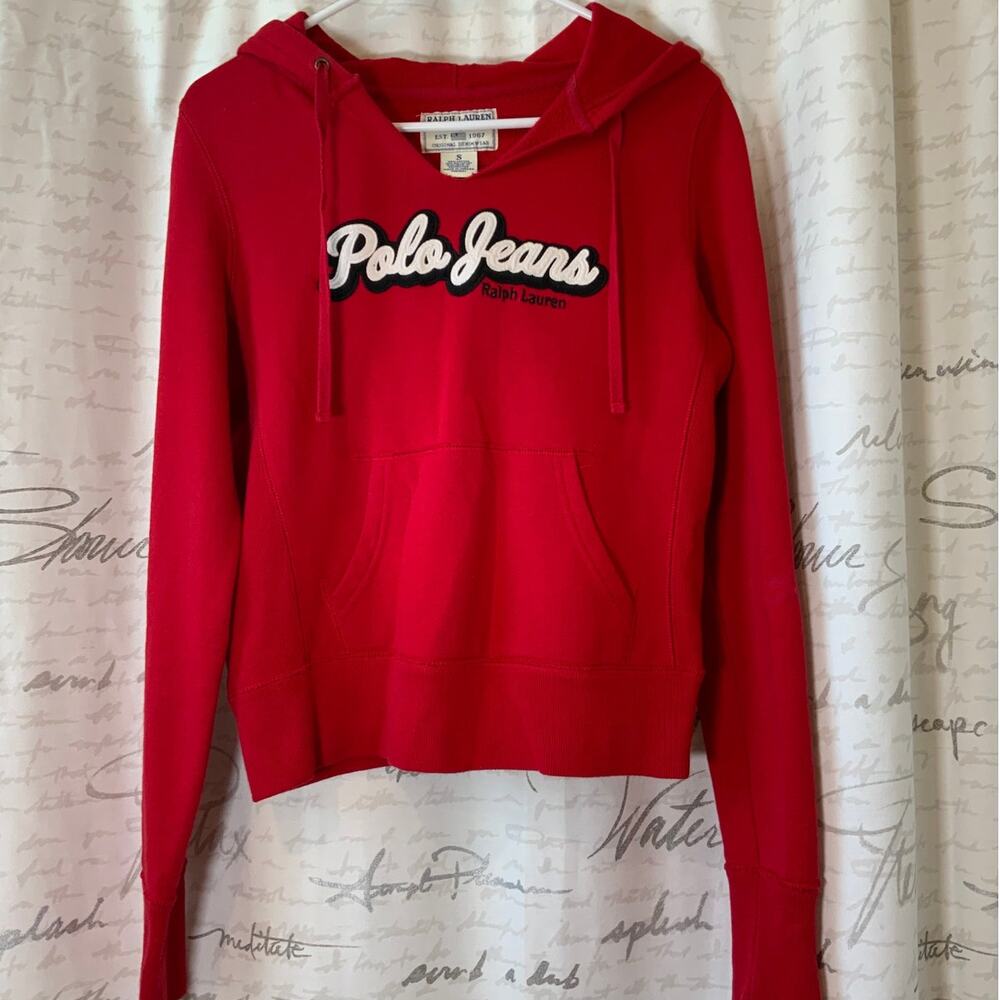 Vintage Ralph Lauren Polo Jeans Red Cropped Hoodie Sweatshirt Y2K Spellout Small